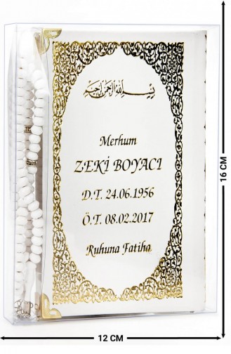 50 Adet İsim Baskılı Ciltli Yasin Kitabı Çanta Boy 128 Sayfa Tesbihli Şeffaf Kutulu Beyaz Renk Dini Hediyelik Set 4897654300548