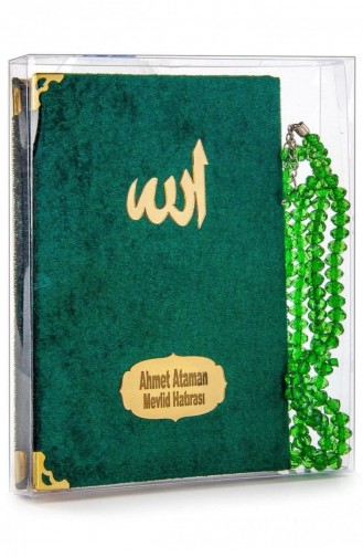 20 Adet Kadife Kaplı Yasin Kitabı Çanta Boy İsim Baskılı Plaka Tesbihli Şeffaf Kutulu Yeşil Hediyelik Yasin Seti 4897654301099