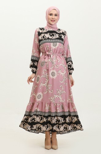 Skirt Tip Shirred Patterned Dress 0377-01 Black Dusty Rose 0377-01
