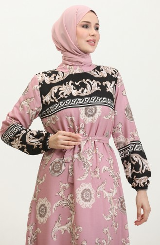 Skirt Tip Shirred Patterned Dress 0377-01 Black Dusty Rose 0377-01