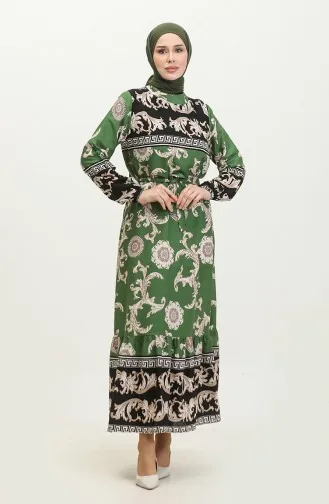 فستان منقوش للمحجبات 0377-02 أسود أخضر 0377-02