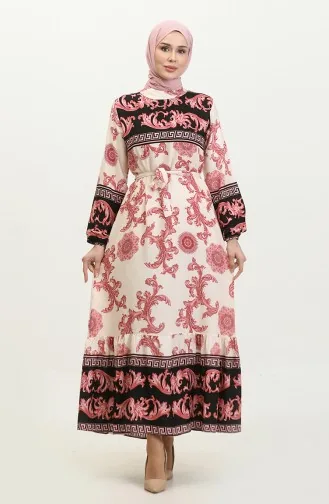 فستان منقوش للمحجبات 0377-04 أسود بيج 0377-04