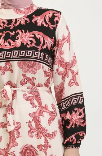فستان منقوش للمحجبات 0377-04 أسود بيج 0377-04