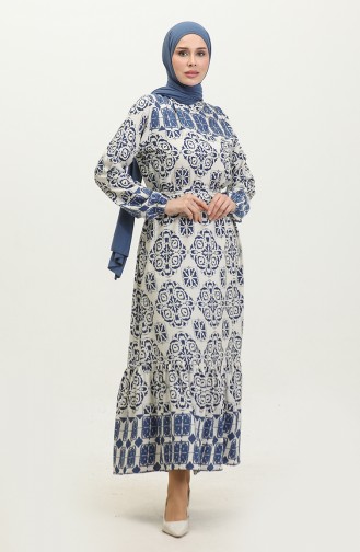 Viscose-jurk Met Patroon En Riem 0379-01 Marineblauw 0379-01