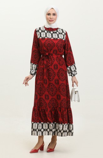 Patterned Belted Viscose Dress 0379-04 Red 0379-04