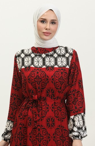 Robe Viscose A Motifs Et Ceinturée 0379-04 Rouge 0379-04