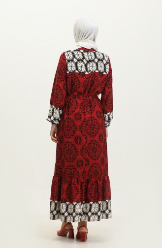 Patterned Belted Viscose Dress 0379-04 Red 0379-04