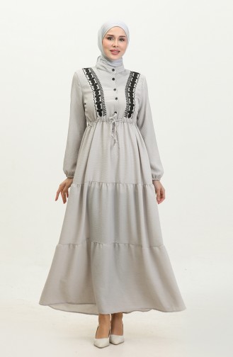 Embroidered waist Shirred Dress 0380-03 Grey 0380-03