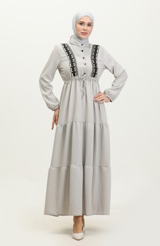 Embroidered waist Shirred Dress 0380-03 Grey 0380-03