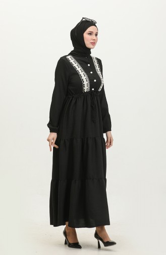 Nakışlı Beli Büzgülü Elbise 0380-04 Siyah