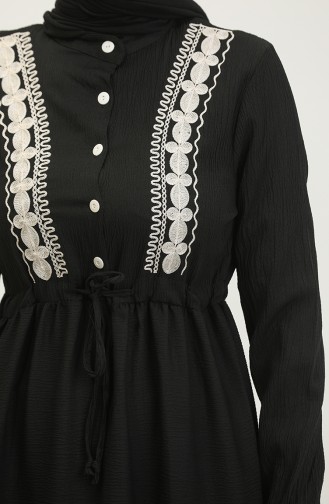 Nakışlı Beli Büzgülü Elbise 0380-04 Siyah