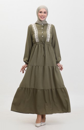 Gerafftes Kleid Mit Bestickter Taille 0380-05 Khaki 0380-05