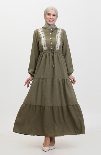 Embroidered waist Shirred Dress 0380-05 Khaki 0380-05