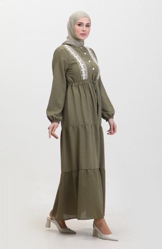 Embroidered waist Shirred Dress 0380-05 Khaki 0380-05