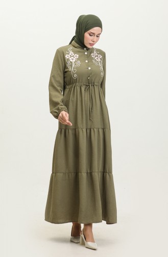 فستان مطرز بأزرار نصفية 0381-03 أخضر عسكري 0381-03