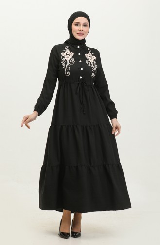Half Button Embroidered Dress 0381-05 Black 0381-05