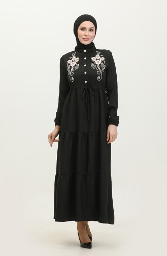 Yarım Düğmeli Nakışlı Elbise 0381-05 Siyah