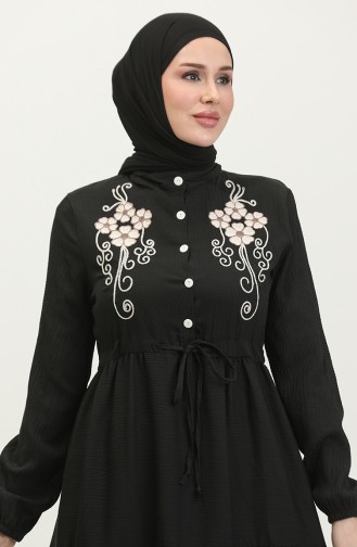 Yarım Düğmeli Nakışlı Elbise 0381-05 Siyah