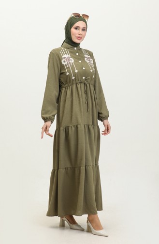Embroidered String Belted Dress 0382-01 Khaki 0382-01