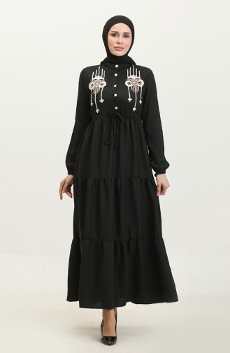 Embroidered String Belted Dress 0382-04 Black 0382-04