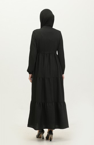 Nakışlı İpli Kemerli Elbise 0382-04 Siyah