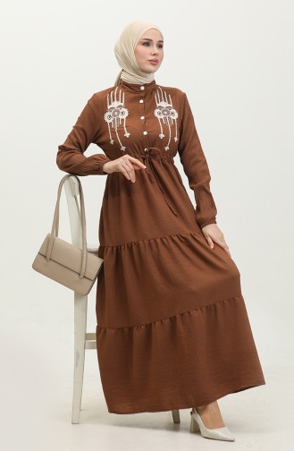 Embroidered String Belted Dress 0382-05 Tan 0382-05