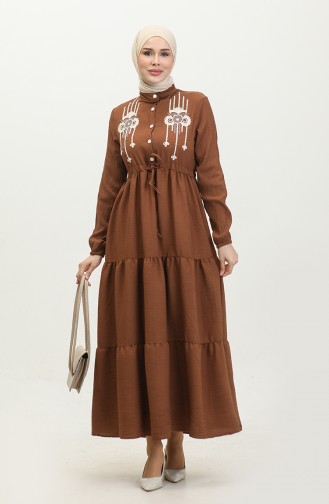 Embroidered String Belted Dress 0382-05 Tan 0382-05