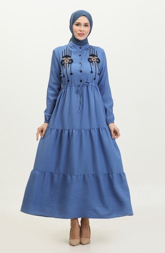 Embroidered String Belted Dress 0382-06 İndigo 0382-06