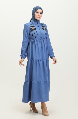 Embroidered String Belted Dress 0382-06 İndigo 0382-06