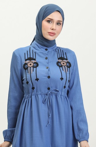 Embroidered String Belted Dress 0382-06 İndigo 0382-06