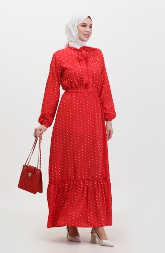 Pıtpıt Desenli Kuşaklı Elbise 0383-02 Kırmızı