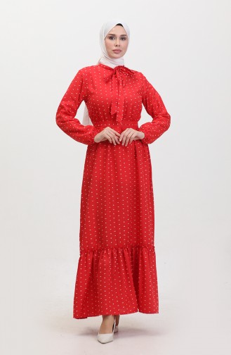 Pıtpıt Desenli Kuşaklı Elbise 0383-02 Kırmızı