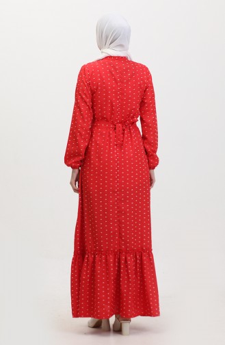 Robe A Motifs Ceinturée 0383-02 Rouge 0383-02