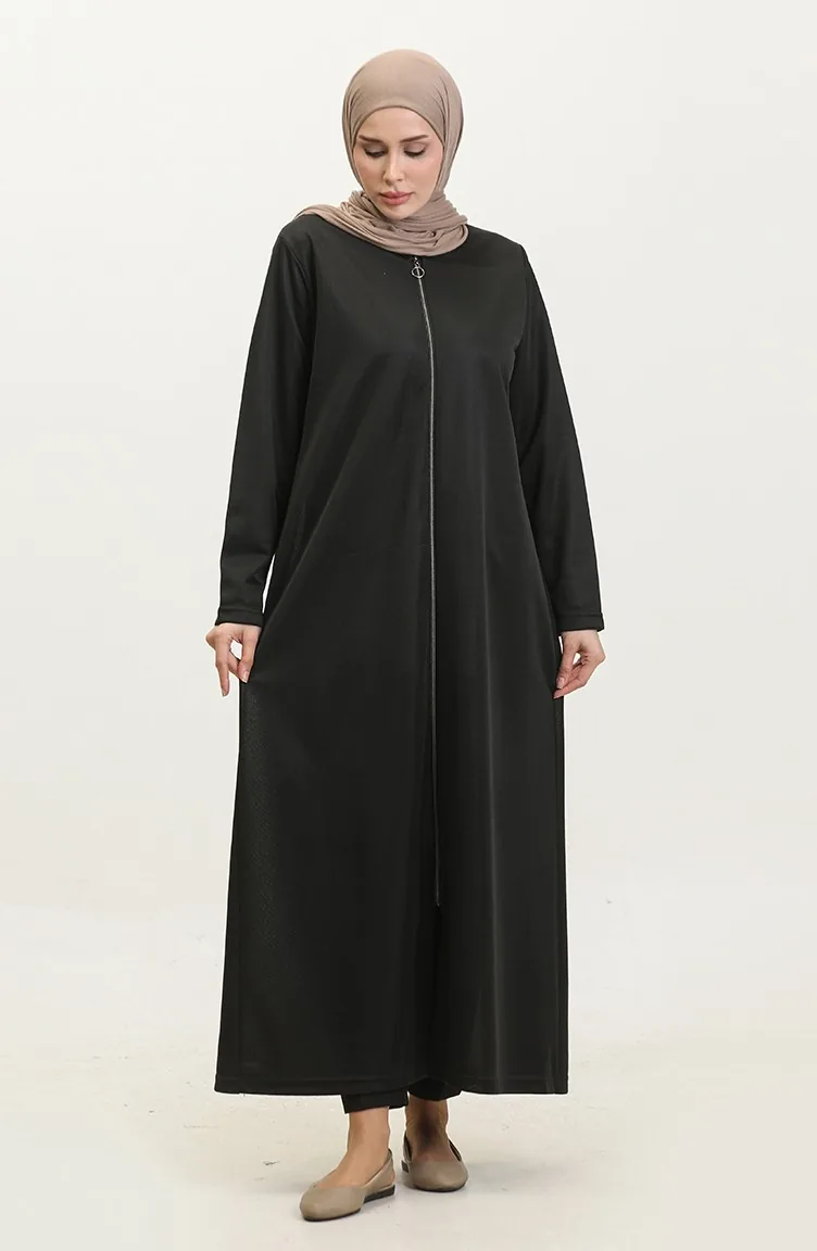 Großes Damen-Gebetskleid Mit Durchgehendem Hijab Und Langem Reißverschluss 7128 Schwarz 7128.siyah