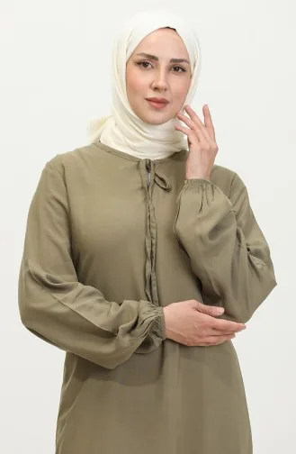 Viskon Uzun Kol Elbise 6699-18 Haki Yeşil