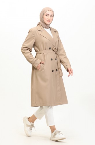 Langer Trenchcoat Für Damen In Großen Größen Mit Gürtel 8549 Stone 8549.Taş