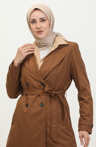 معطف واقٍ من المطر للنساء مقاس كبير حجاب مزدوج الصدر Cik Trenc 8656 أسمر ضارب للصفرة 8656.TABA