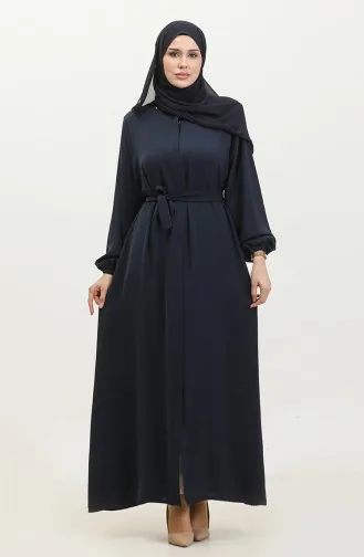 Women`s Large Size Hijab Abaya Zippered Side Tie Belted Abaya Dress Oversize 5084 Navy Blue 5084.Lacivert