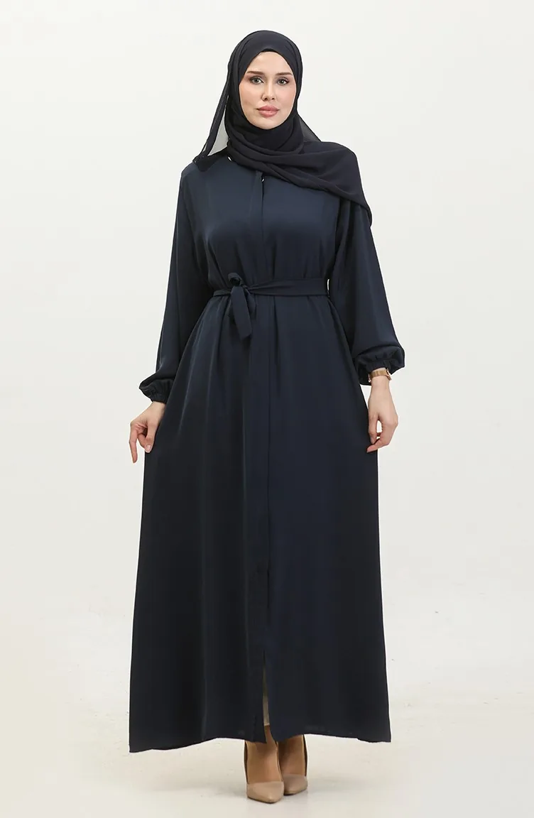 Women`s Large Size Hijab Abaya Zippered Side Tie Belted Abaya Dress Oversize 5084 Navy Blue 5084.Lacivert