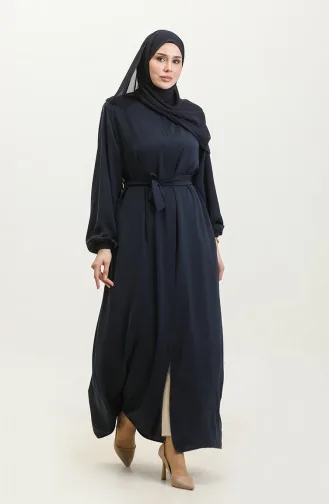 Women`s Large Size Hijab Abaya Zippered Side Tie Belted Abaya Dress Oversize 5084 Navy Blue 5084.Lacivert