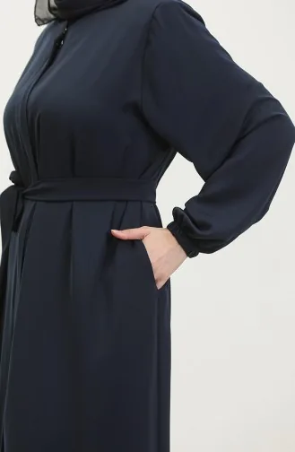 Women`s Large Size Hijab Abaya Zippered Side Tie Belted Abaya Dress Oversize 5084 Navy Blue 5084.Lacivert