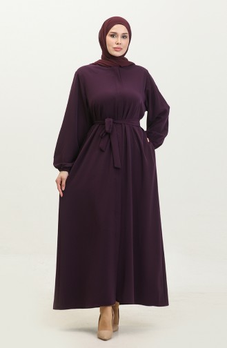 Women`s Large Size Hijab Abaya Zippered Side Tie Belted Abaya Dress Oversize 5084 Plum 5084.Mürdüm