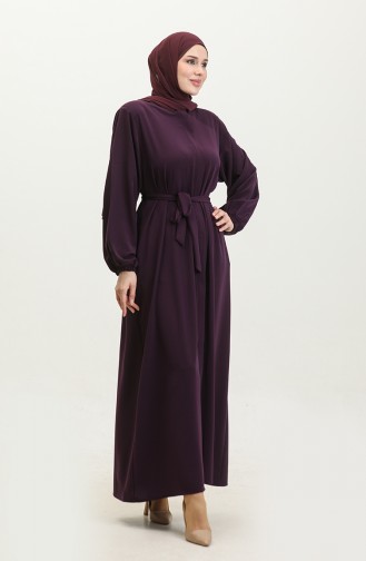 Women`s Large Size Hijab Abaya Zippered Side Tie Belted Abaya Dress Oversize 5084 Plum 5084.Mürdüm