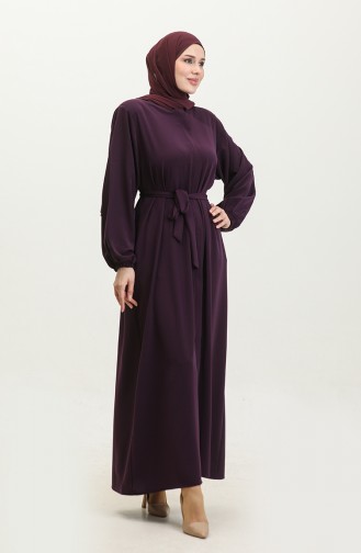 Femme Grande Taille Hijab Abaya Fermeture éclair Côté Cravate Ceinturée Abaya Robe Surdimensionnée 5084 Prune 5084.Mürdüm