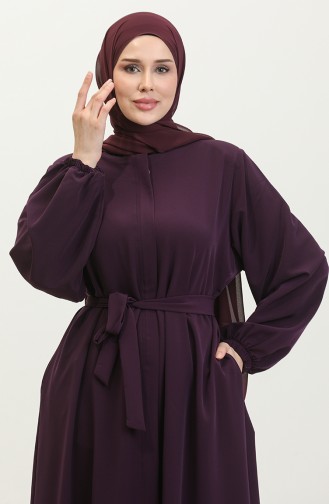 Women`s Large Size Hijab Abaya Zippered Side Tie Belted Abaya Dress Oversize 5084 Plum 5084.Mürdüm