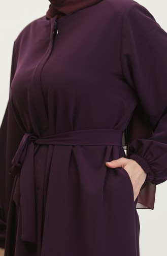 Women`s Large Size Hijab Abaya Zippered Side Tie Belted Abaya Dress Oversize 5084 Plum 5084.Mürdüm