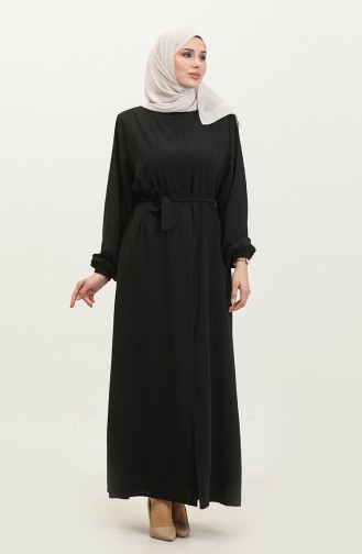 Femme Grande Taille Hijab Abaya Fermeture éclair Côté Cravate Ceinturée Abaya Robe Surdimensionnée 5084 Noir 5084.siyah