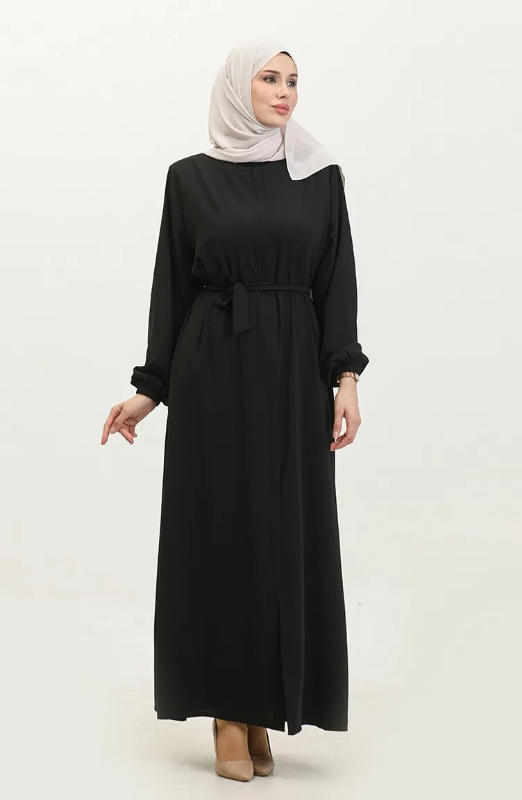 Women`s Large Size Hijab Abaya Zippered Side Tie Belted Abaya Dress Oversize 5084 Black 5084.siyah