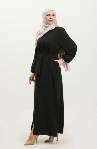 Femme Grande Taille Hijab Abaya Fermeture éclair Côté Cravate Ceinturée Abaya Robe Surdimensionnée 5084 Noir 5084.siyah