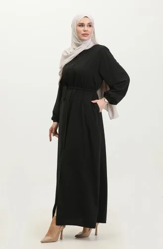 Women`s Large Size Hijab Abaya Zippered Side Tie Belted Abaya Dress Oversize 5084 Black 5084.siyah